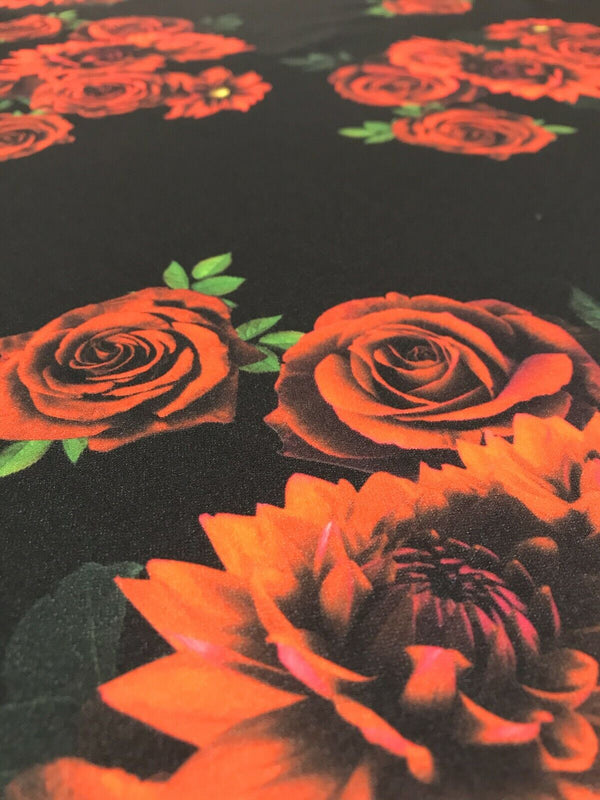 Red & Black Rose Printed Scuba Crepe Jersey Fabric 4 Way Stretch