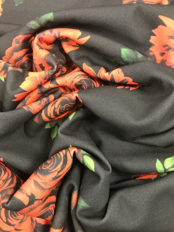 Red & Black Rose Printed Scuba Crepe Jersey Fabric 4 Way Stretch
