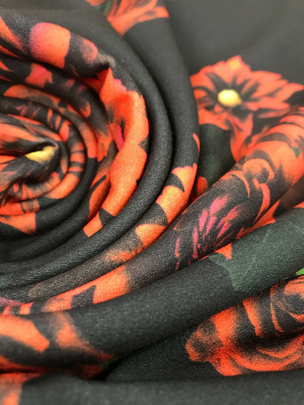 Red & Black Rose Printed Scuba Crepe Jersey Fabric 4 Way Stretch