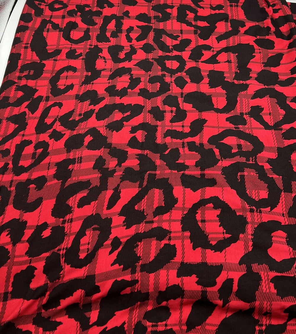 Red Black Tartan Print Black Viscose Elastane Fabric