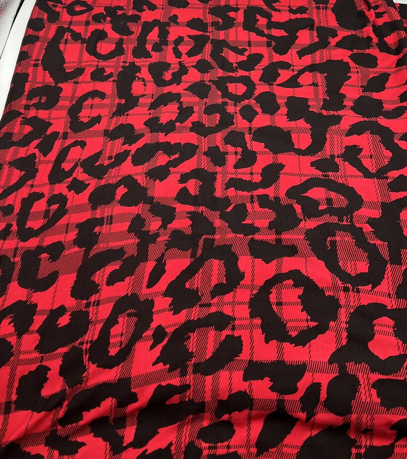 Red Black Tartan Print Black Viscose Elastane Fabric