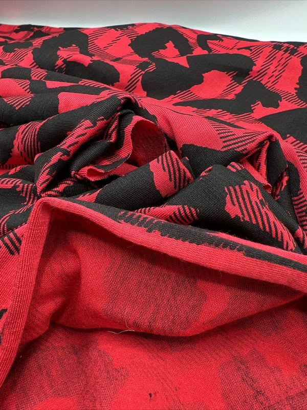 Red Black Tartan Print Black Viscose Elastane Fabric
