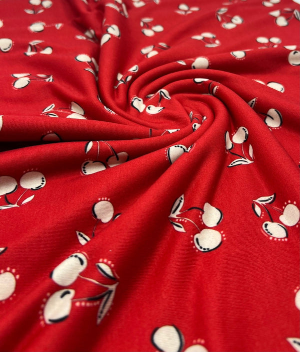 Red Cherry Print Super Soft Spun Poly Stretch Fabric