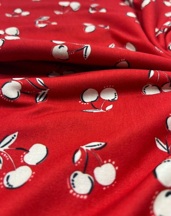 Red Cherry Print Super Soft Spun Poly Stretch Fabric