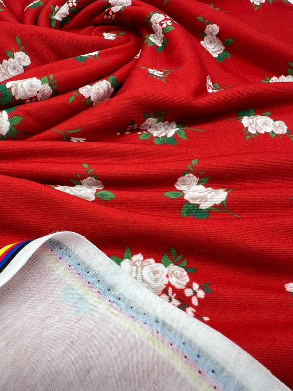 Red Floral Print Spun Poly Stretch Fabric