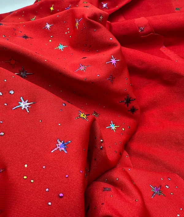 Red Multi Star Soft Spun Poly Stretch Fabric