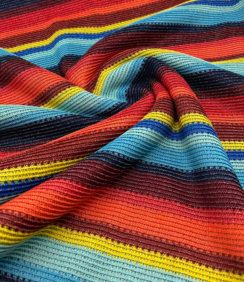Red Multi Stripe Textured Knitted 2 Way Stretch Fabric