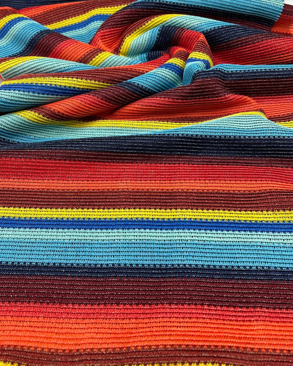 Red Multi Stripe Textured Knitted 2 Way Stretch Fabric