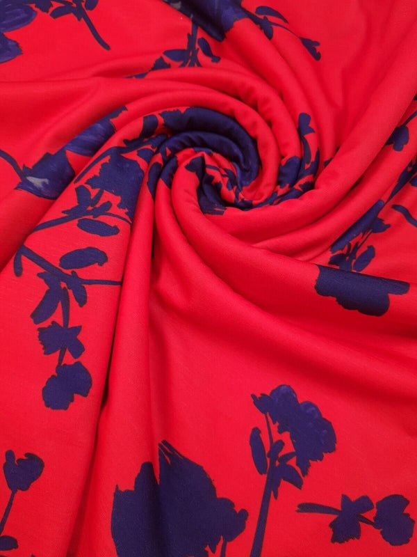 Red & Navy Large Brushstroke floral Print Spun Poly Stretch Fabric