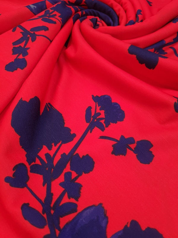 Red & Navy Large Brushstroke floral Print Spun Poly Stretch Fabric