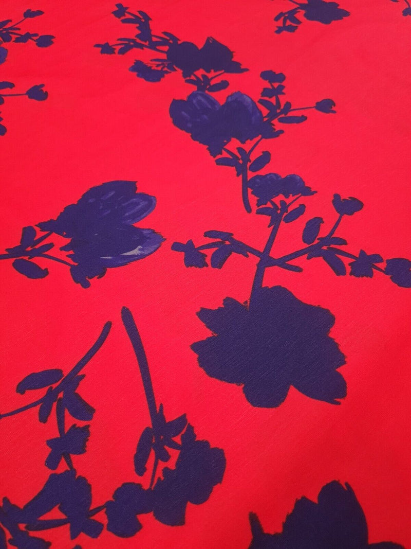 Red & Navy Large Brushstroke floral Print Spun Poly Stretch Fabric