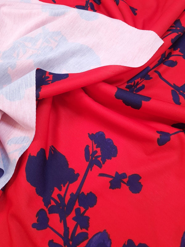 Red & Navy Large Brushstroke floral Print Spun Poly Stretch Fabric