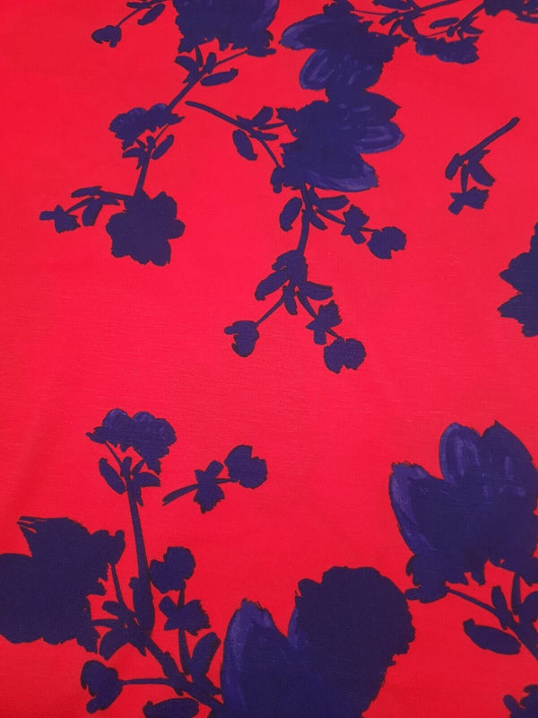 Red & Navy Large Brushstroke floral Print Spun Poly Stretch Fabric