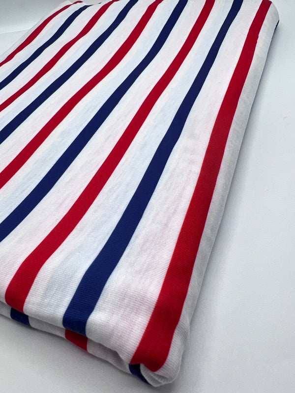 Red Navy Stripe Print Spun Poly Stretch Fabric