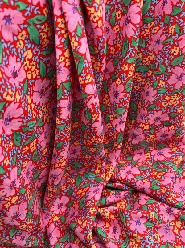 Red Pink Floral Lightweight Non Stretch Woven Fabric