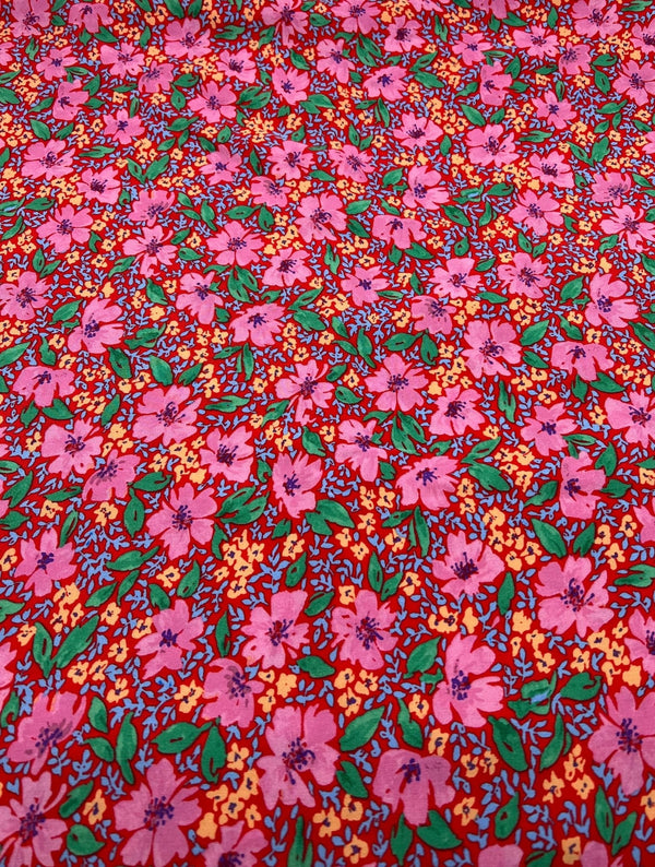 Red Pink Floral Lightweight Non Stretch Woven Fabric