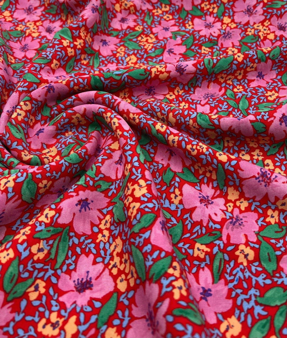 Red Pink Floral Lightweight Non Stretch Woven Fabric