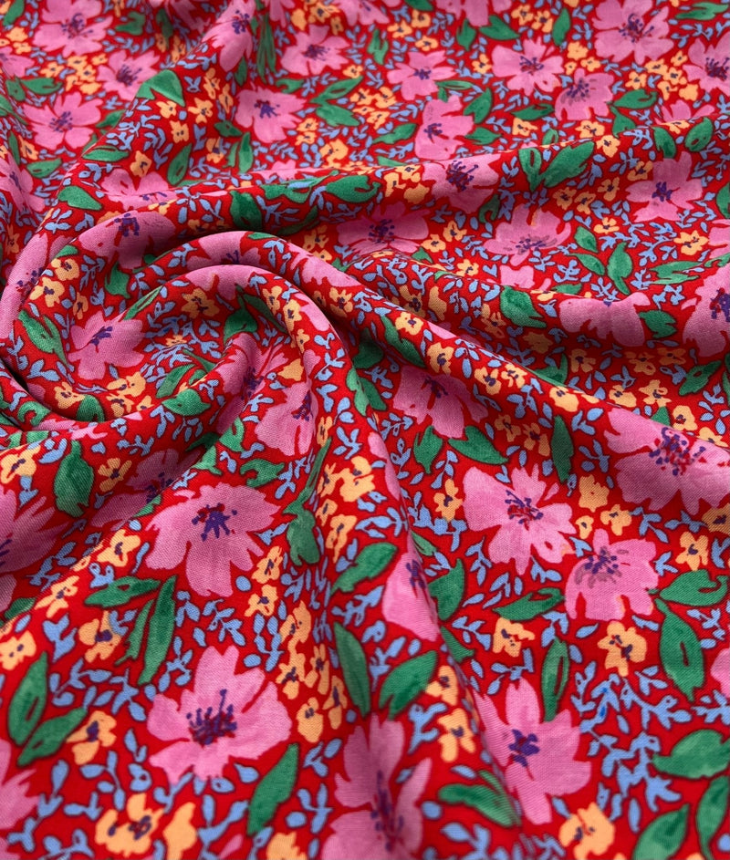 Red Pink Floral Lightweight Non Stretch Woven Fabric