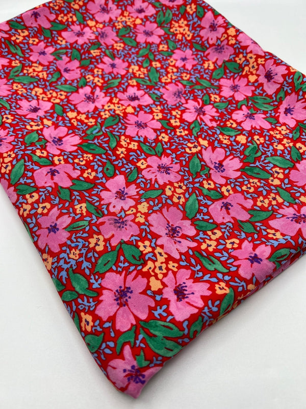 Red Pink Floral Lightweight Non Stretch Woven Fabric