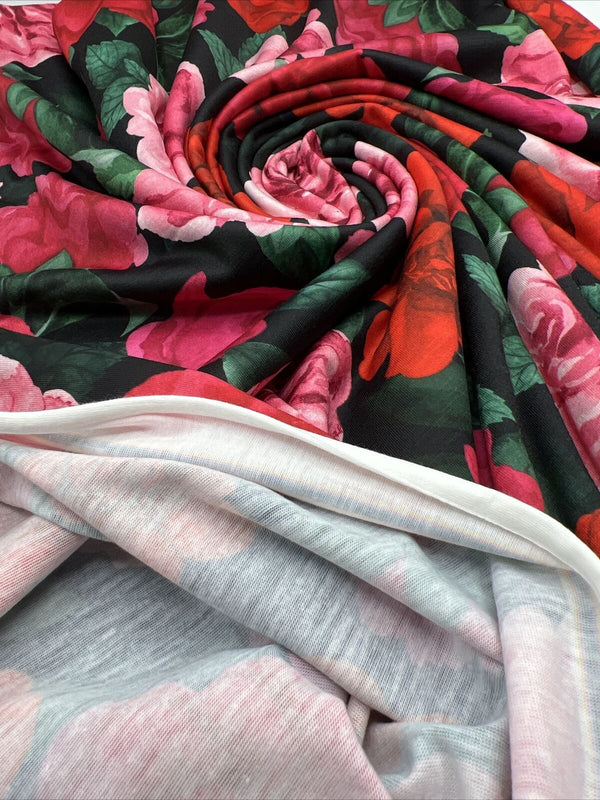Red Pink Rose Floral Print Spun Poly Stretch Fabric