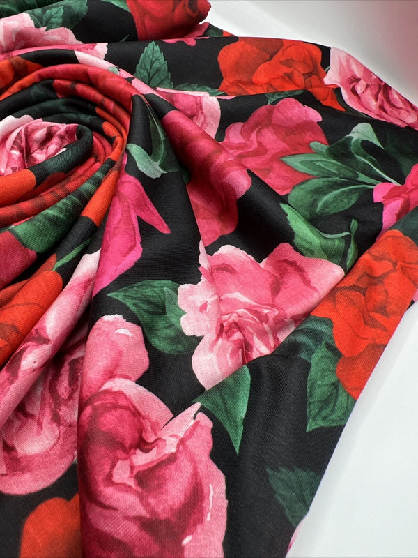 Red Pink Rose Floral Print Spun Poly Stretch Fabric