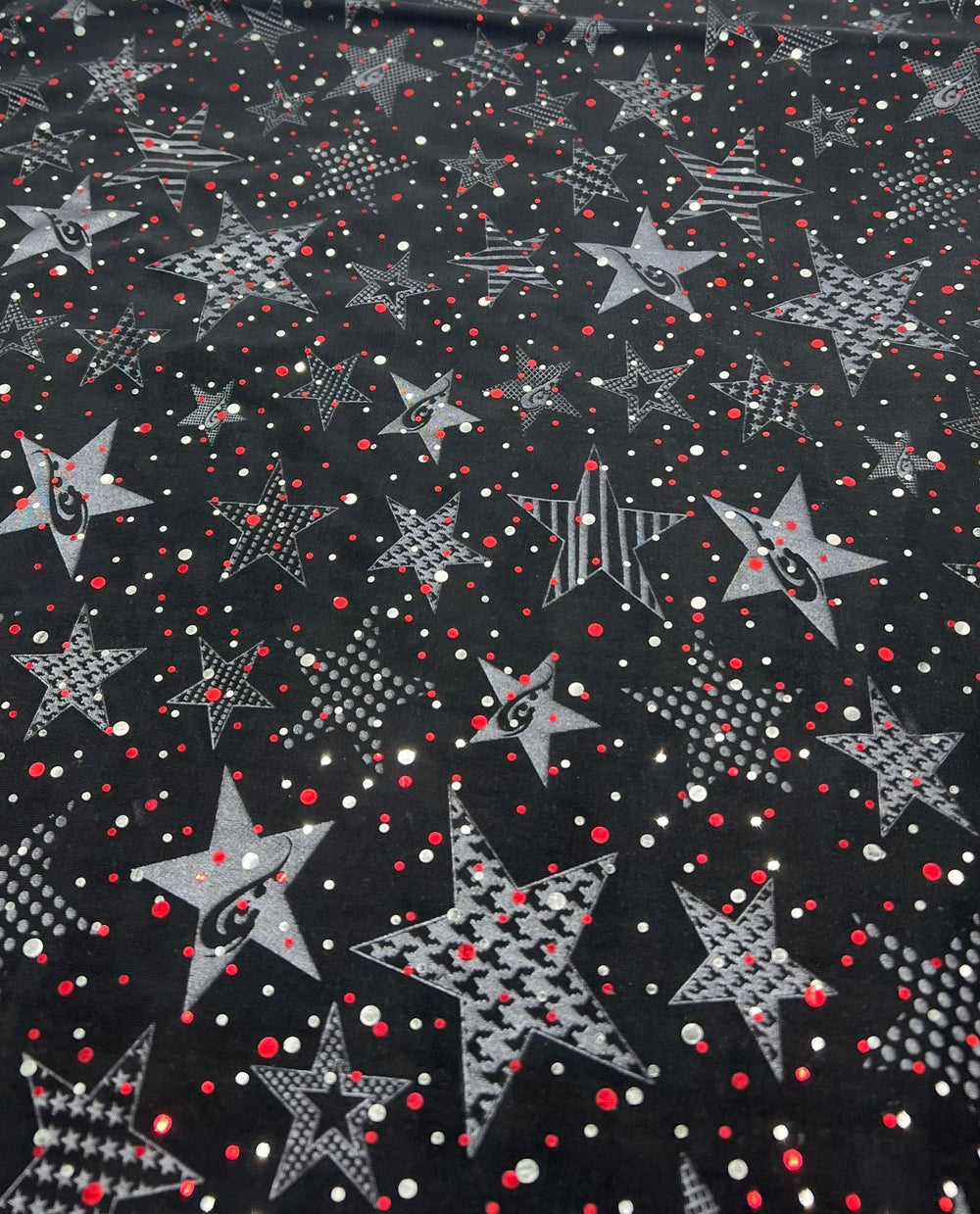 Red Silver Star Sequin Print Soft Touch 4 Way Stretch Fabric