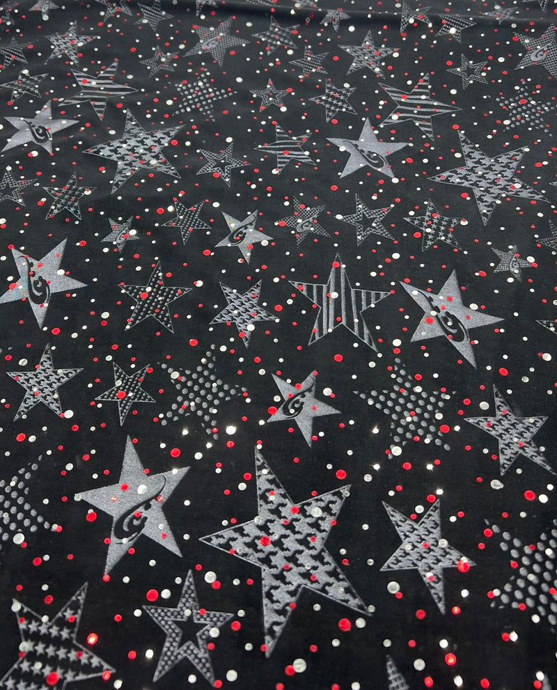 Red Silver Star Sequin Print Soft Touch 4 Way Stretch Fabric