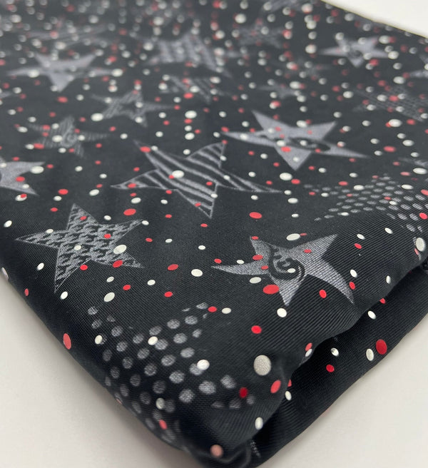 Red Silver Star Sequin Print Soft Touch 4 Way Stretch Fabric