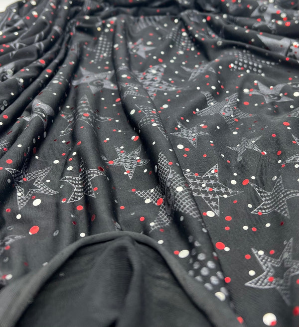 Red Silver Star Sequin Print Soft Touch 4 Way Stretch Fabric