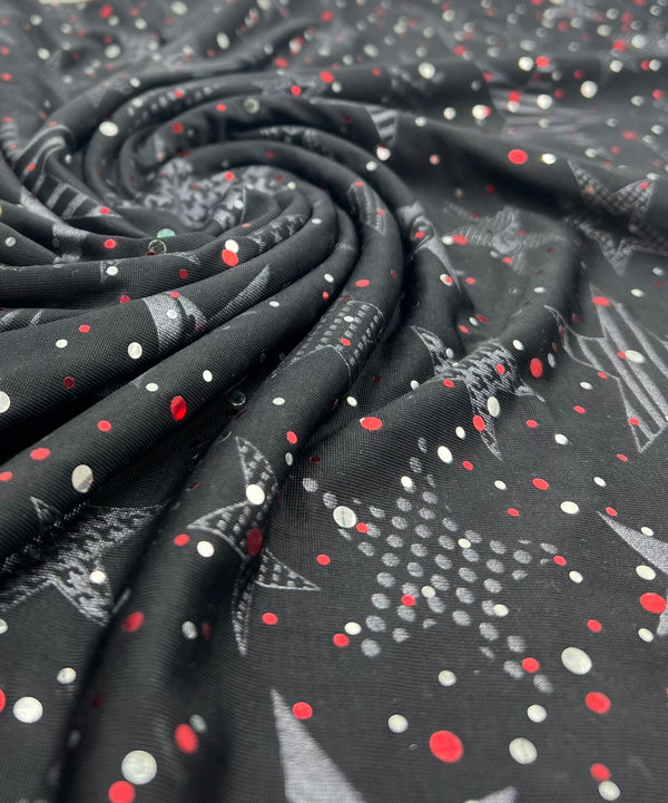 Red Silver Star Sequin Print Soft Touch 4 Way Stretch Fabric