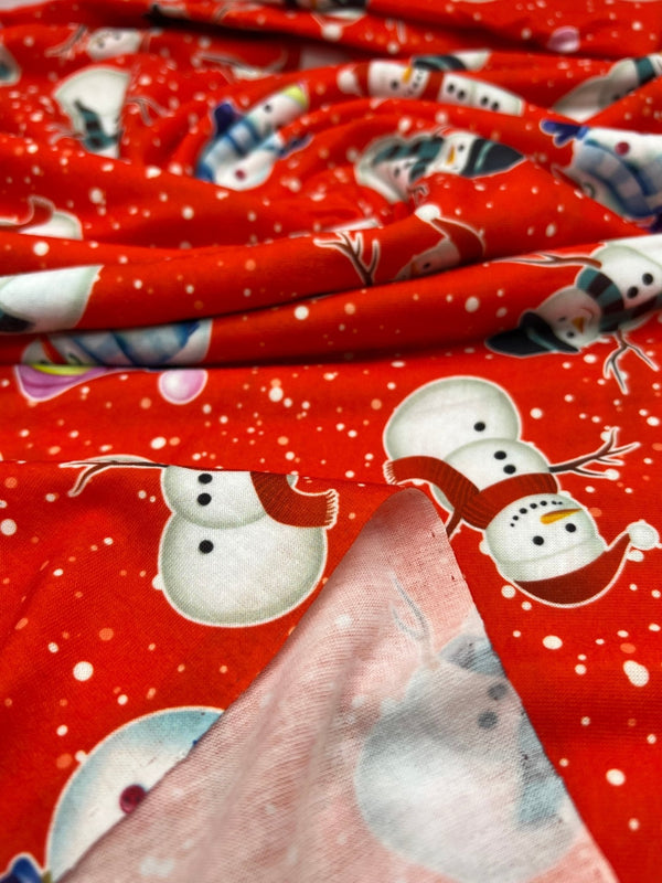 Red Snow Snowman Print Soft Spun Poly Stretch Fabric