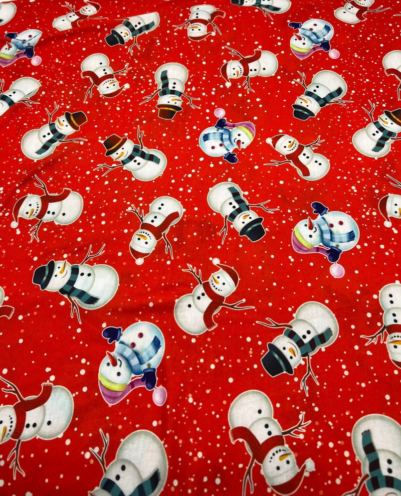 Red Snow Snowman Print Soft Spun Poly Stretch Fabric