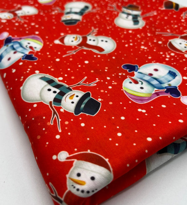 Red Snow Snowman Print Soft Spun Poly Stretch Fabric