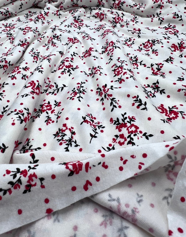 Red Spot Floral Print Viscose Elastane Fabric