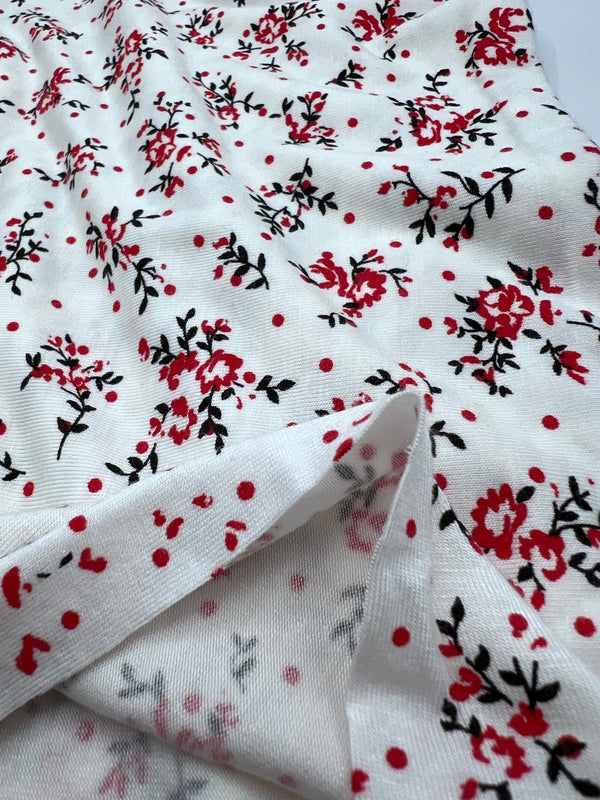 Red Spot Floral Print Viscose Elastane Fabric