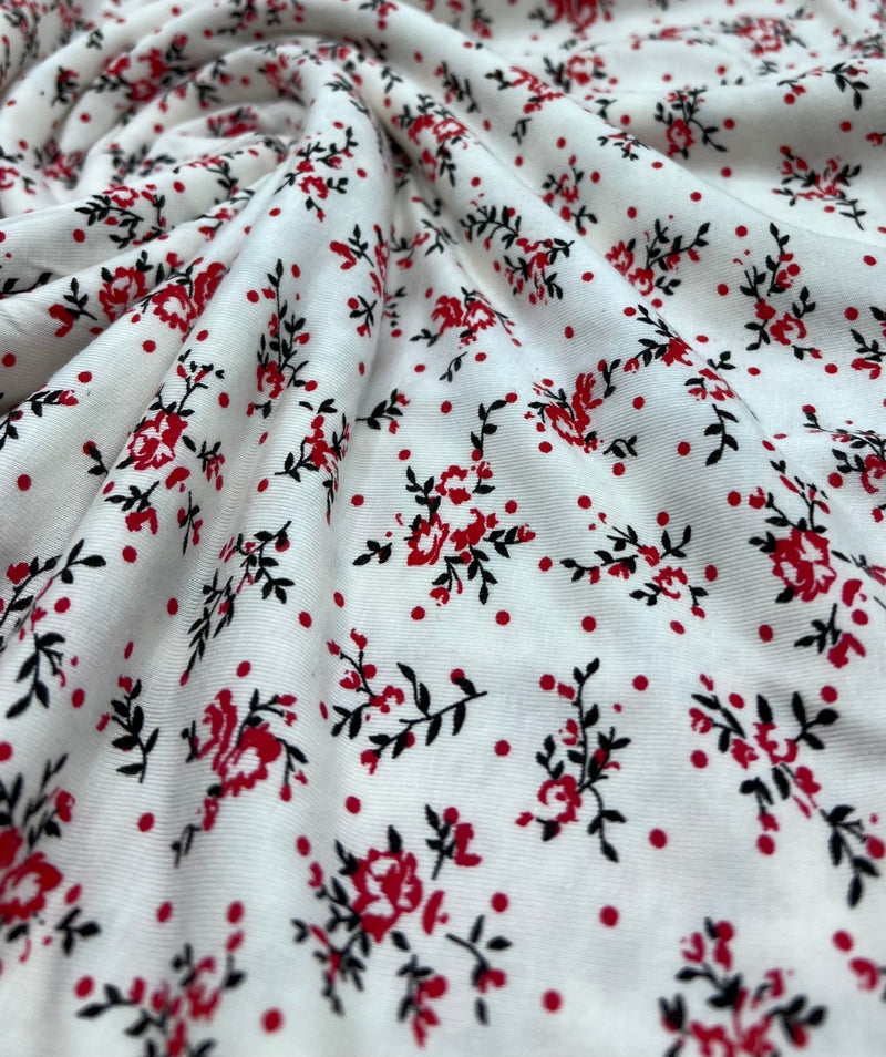 Red Spot Floral Print Viscose Elastane Fabric