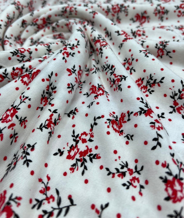 Red Spot Floral Print Viscose Elastane Fabric