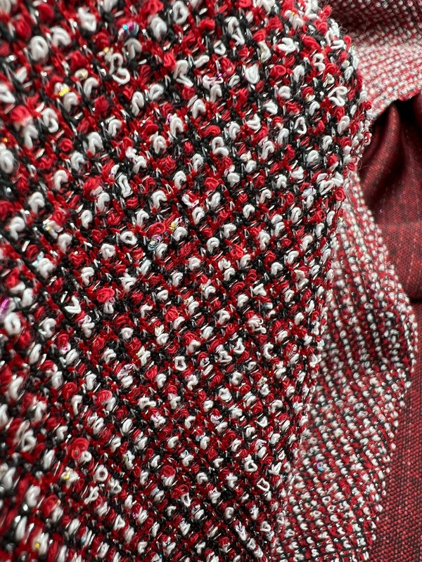 Red White Black Silver Thread Boucle 2 Way Stretch Fabric