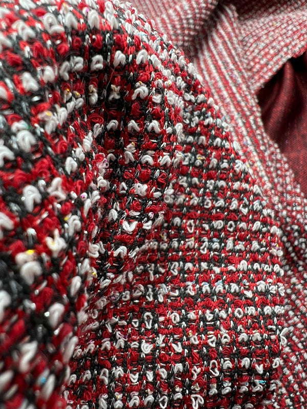 Red White Black Silver Thread Boucle 2 Way Stretch Fabric