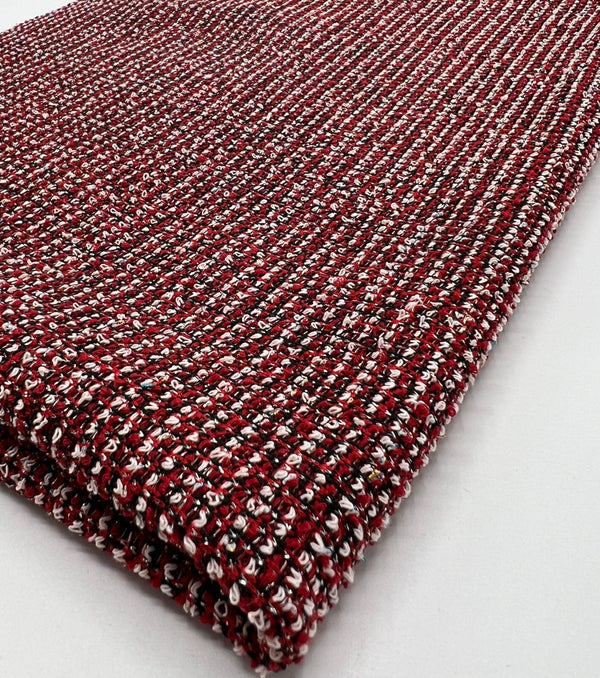 Red White Black Silver Thread Boucle 2 Way Stretch Fabric