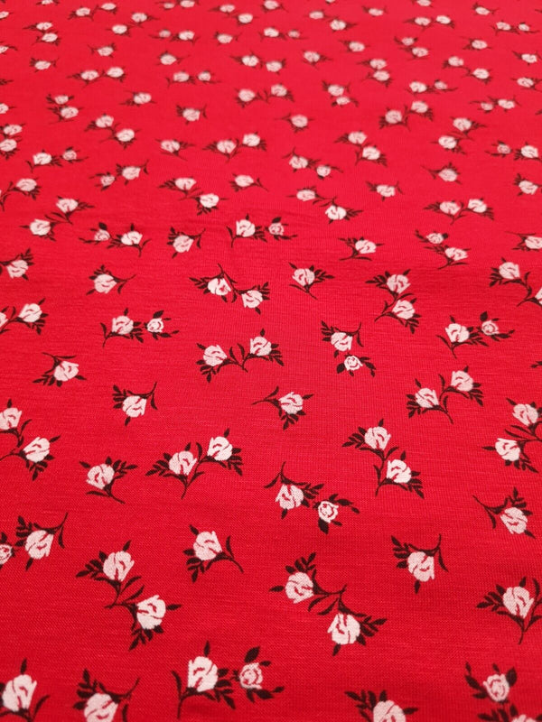 Red White Ditsy Floral Print Viscose Elastane Fabric