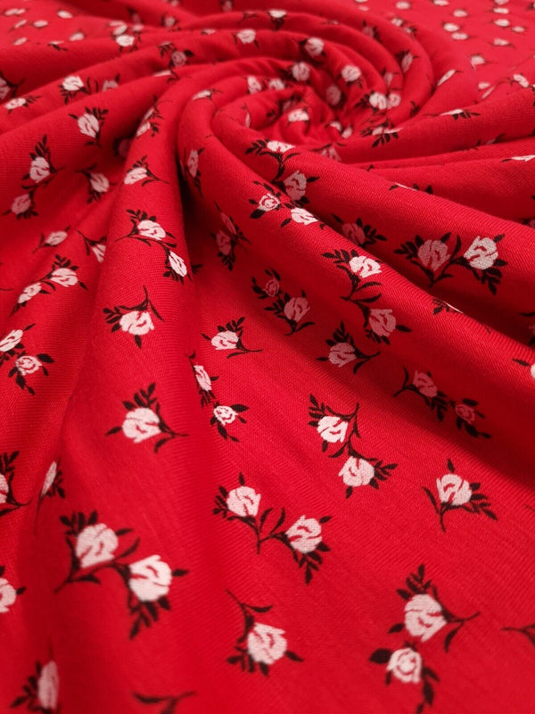Red White Ditsy Floral Print Viscose Elastane Fabric