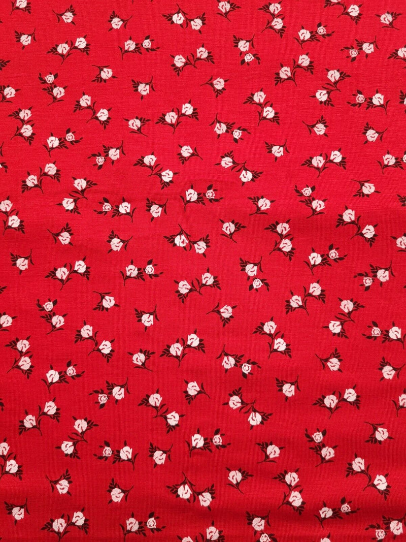 Red White Ditsy Floral Print Viscose Elastane Fabric