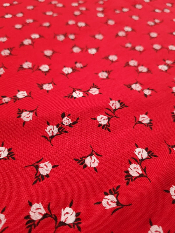 Red White Ditsy Floral Print Viscose Elastane Fabric