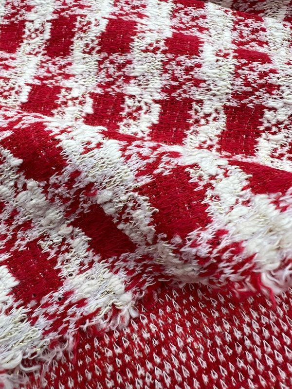 Red White Gingham Gold Speckle Jacquard Stretch Fabric