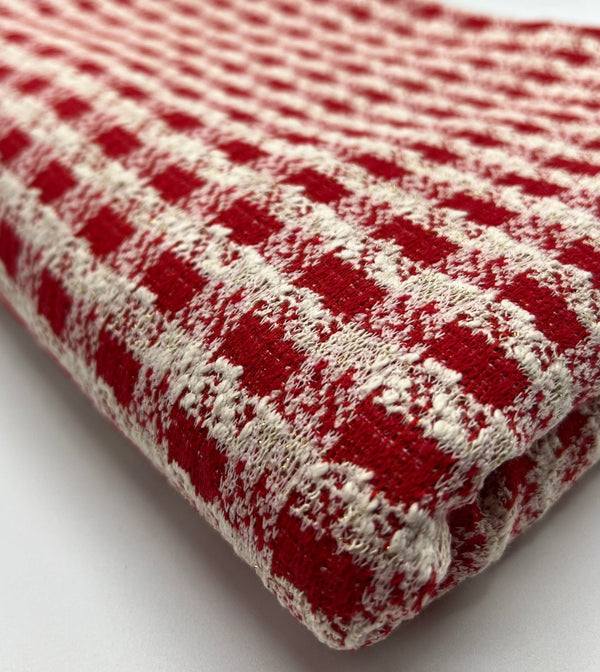 Red White Gingham Gold Speckle Jacquard Stretch Fabric