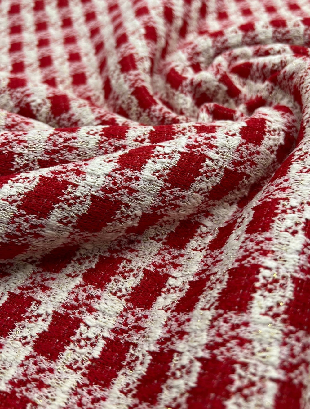 Red White Gingham Gold Speckle Jacquard Stretch Fabric