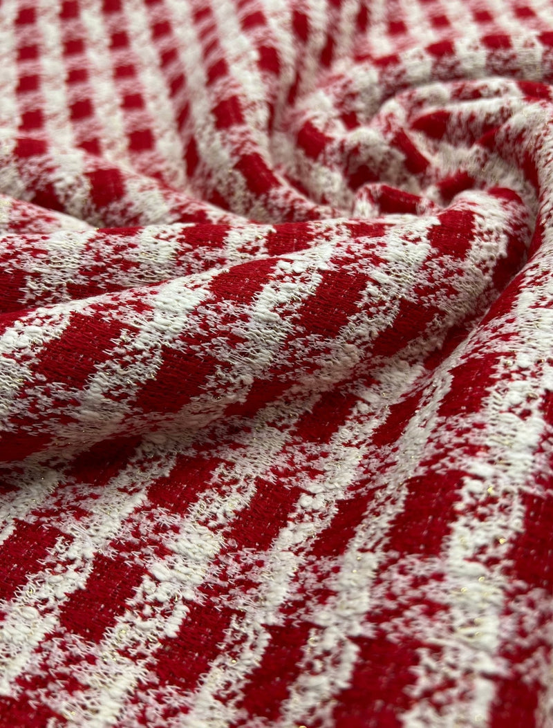 Red White Gingham Gold Speckle Jacquard Stretch Fabric