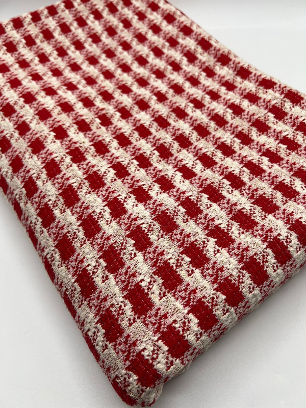 Red White Gingham Gold Speckle Jacquard Stretch Fabric