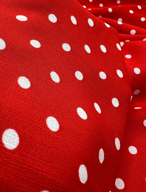 Red White Polka Spot Lightweight Crepe Non Stretch Fabric
